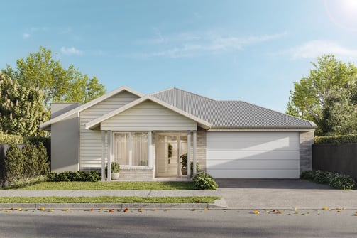 A modern Specialist Disability Accommodation (SDA) home with a single-story design, light-colored exterior, large front windows, and a two-car garage. The home is surrounded by greenery and has a clean, minimalistic aesthetic.