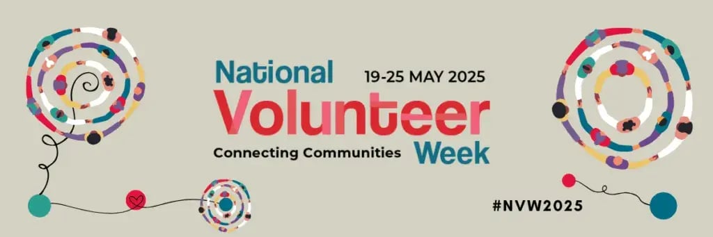 A beige banner bearing the words National Volunteer Week, Connecting Communities and decorated with multi-coloured swirls