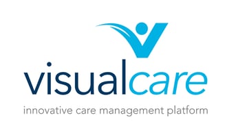 A blue logo with words Visual Care and a v symbol with a circle
