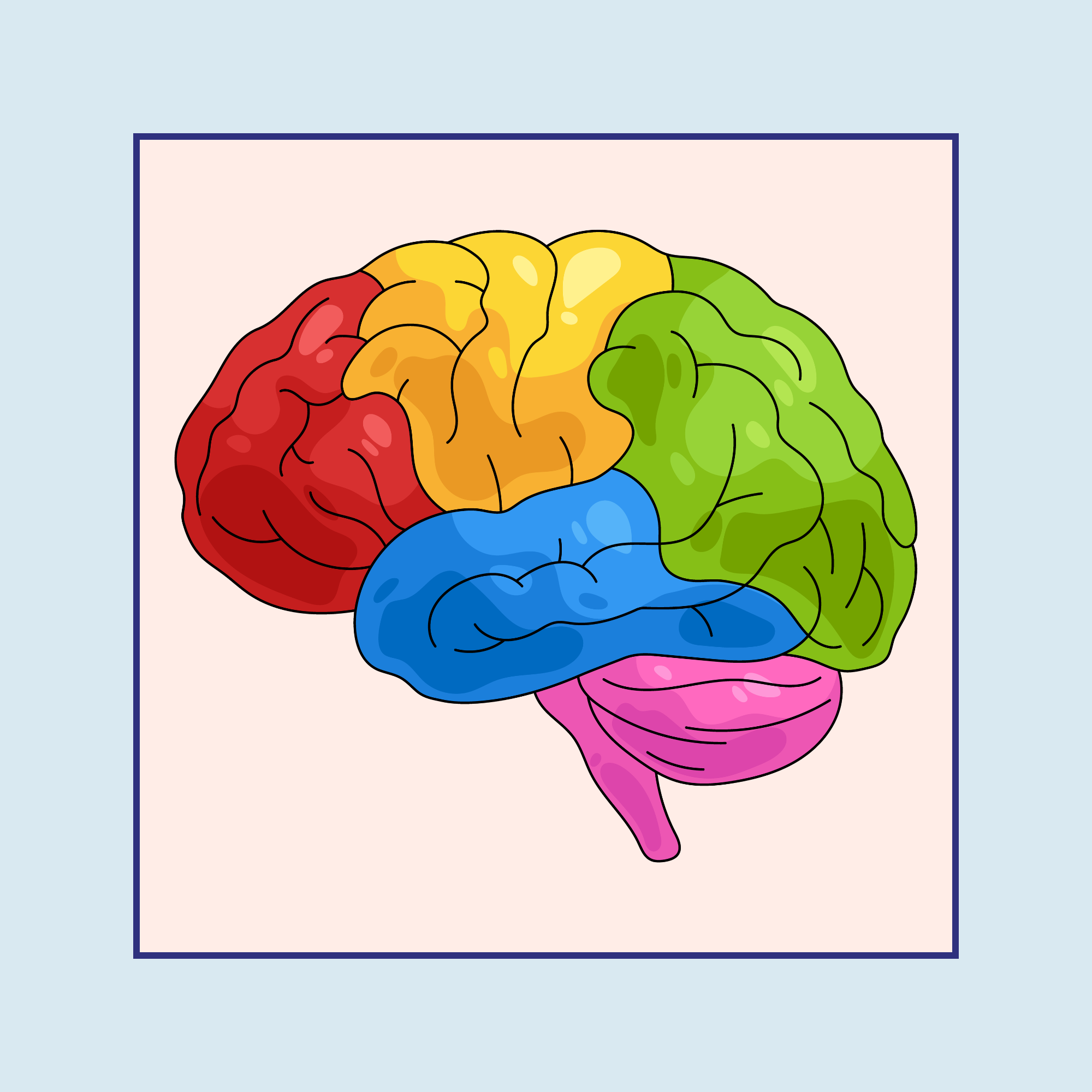 A multi-coloured brain in a square frame with pastel background.