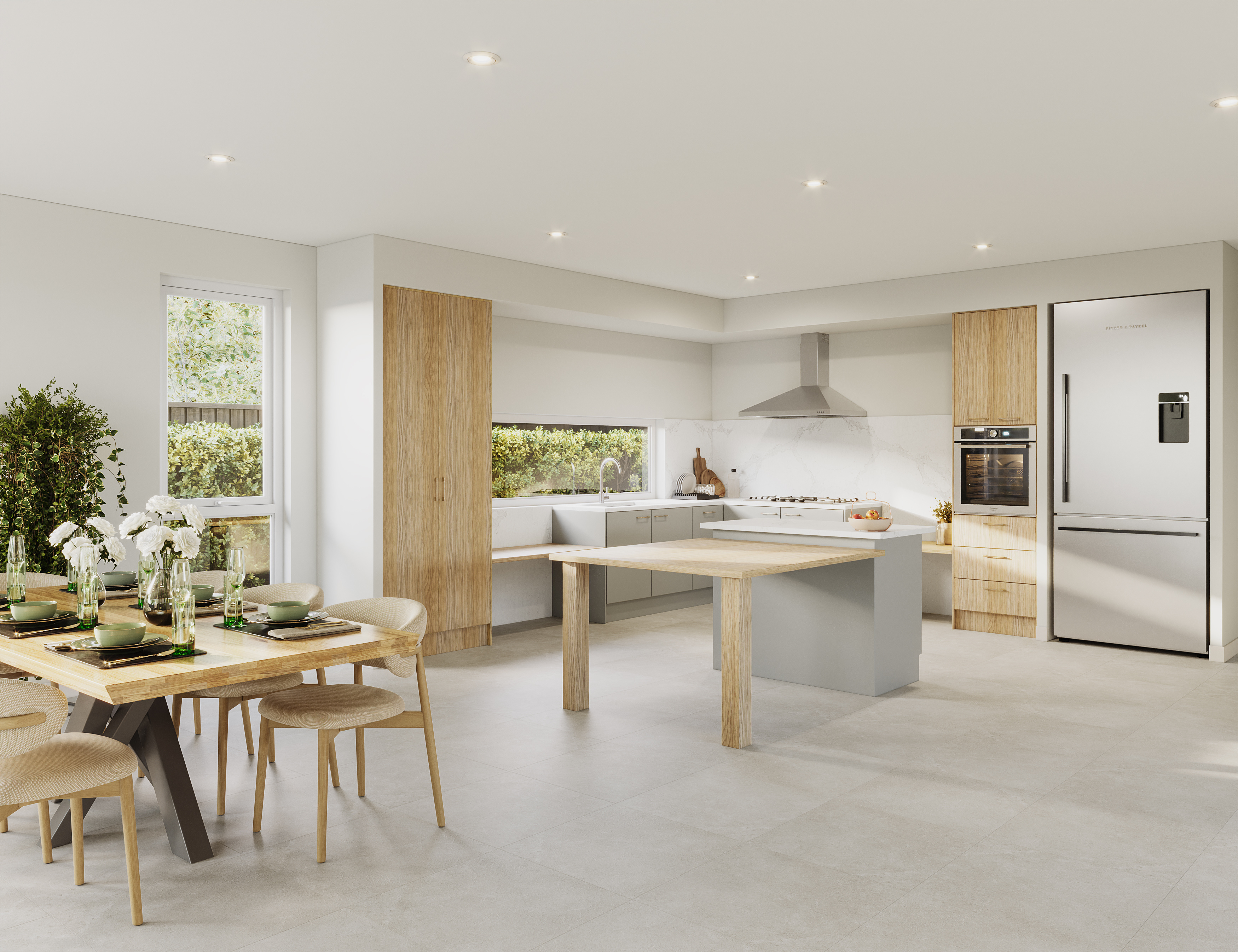 The inside of a house looking toward the kitchen with timber finishings