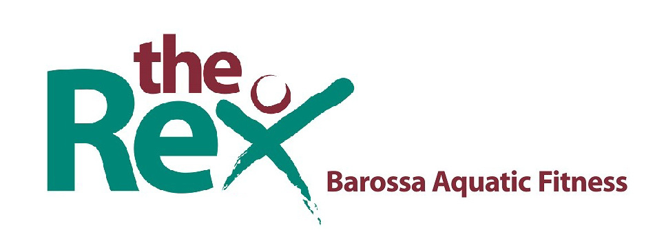 Text with 'the' in burgundy on top of a larger word 'Rex' in Green, with the words Barossa Aquatic Fitness to the right in burgundy