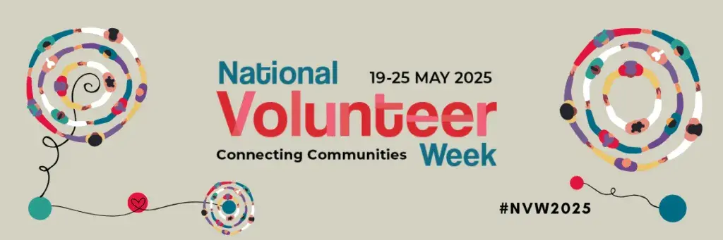 A beige banner bearing the words National Volunteer Week, Connecting Communities and decorated with multi-coloured swirls
