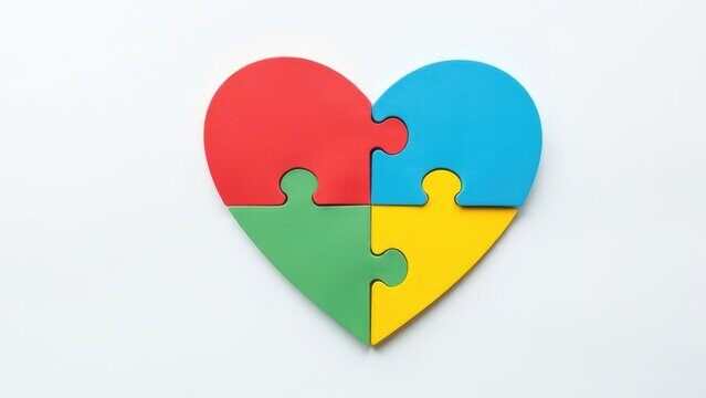 A heart made of four different coloured jigsaw pieces slotted together.